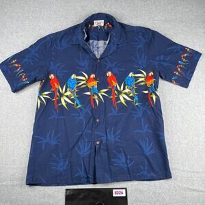 Pacific Legends Tropical Parrot Print Shirt Navy Blue Hawaiian Beach Casual L